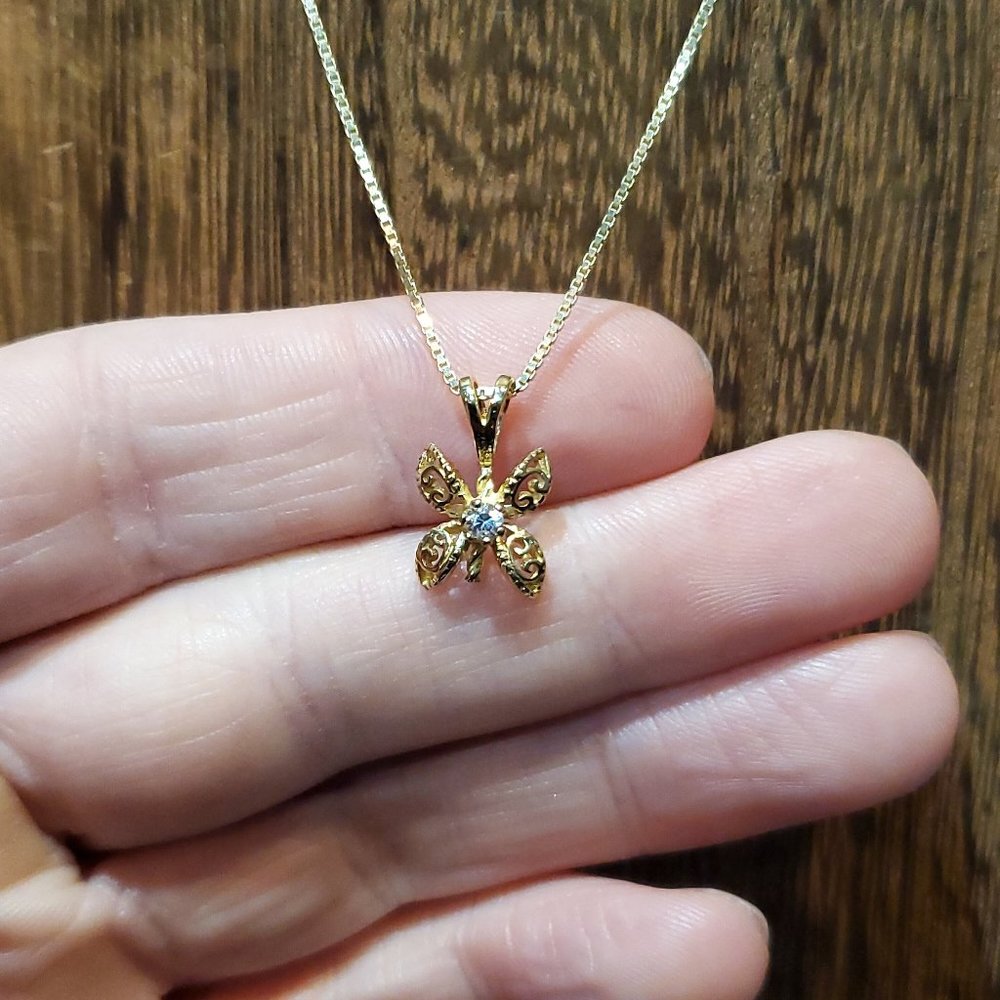 18 Inch Gold Over 925 Sterling Silver Cubic Zirconia Butterfly Necklace